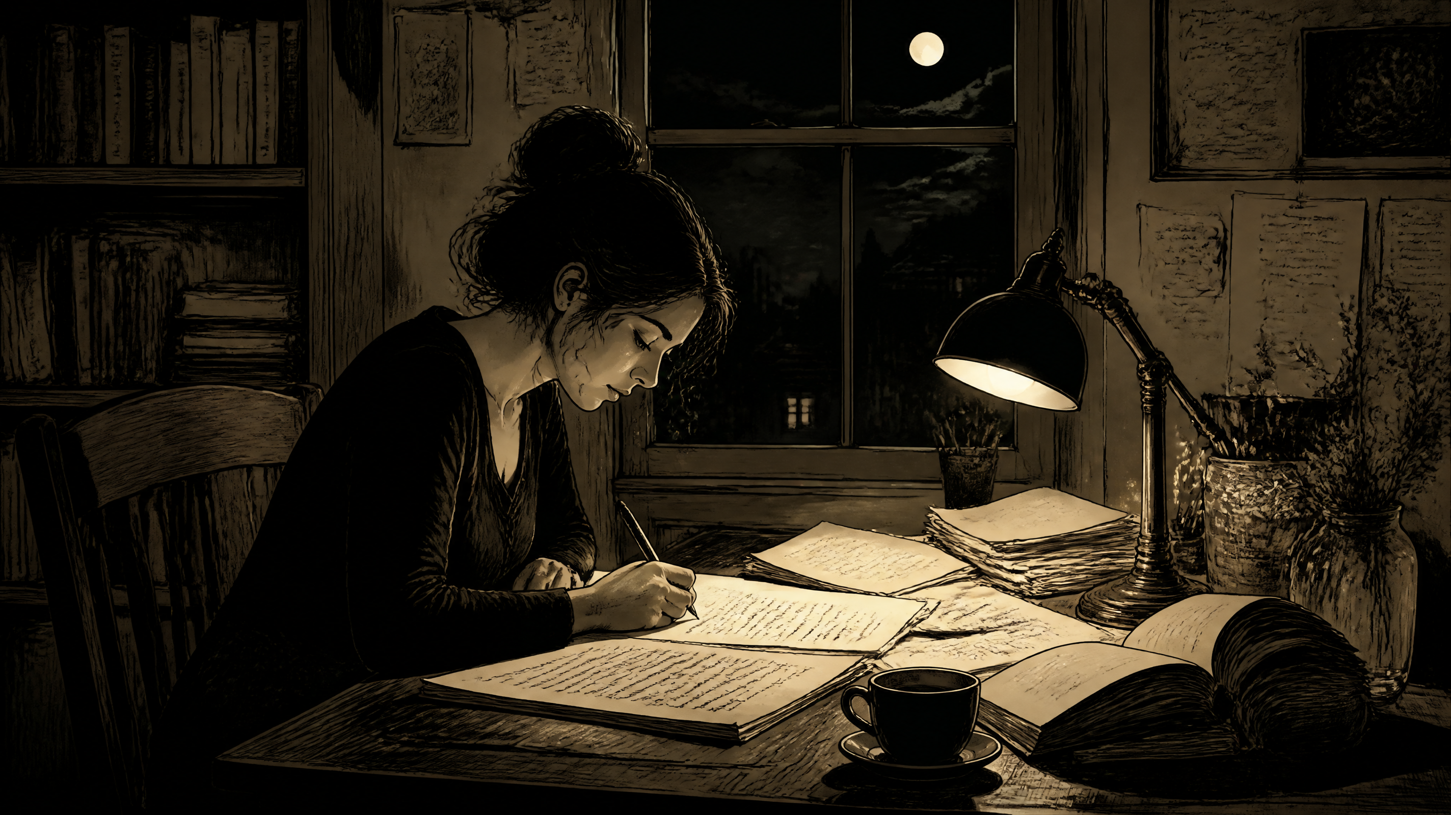Ilustración — La escritora y su mundo