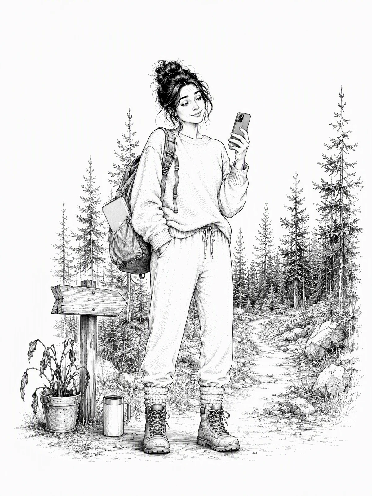 Ilustración de portada del Volumen 03: mujer con mochila y móvil en un sendero entre pinos