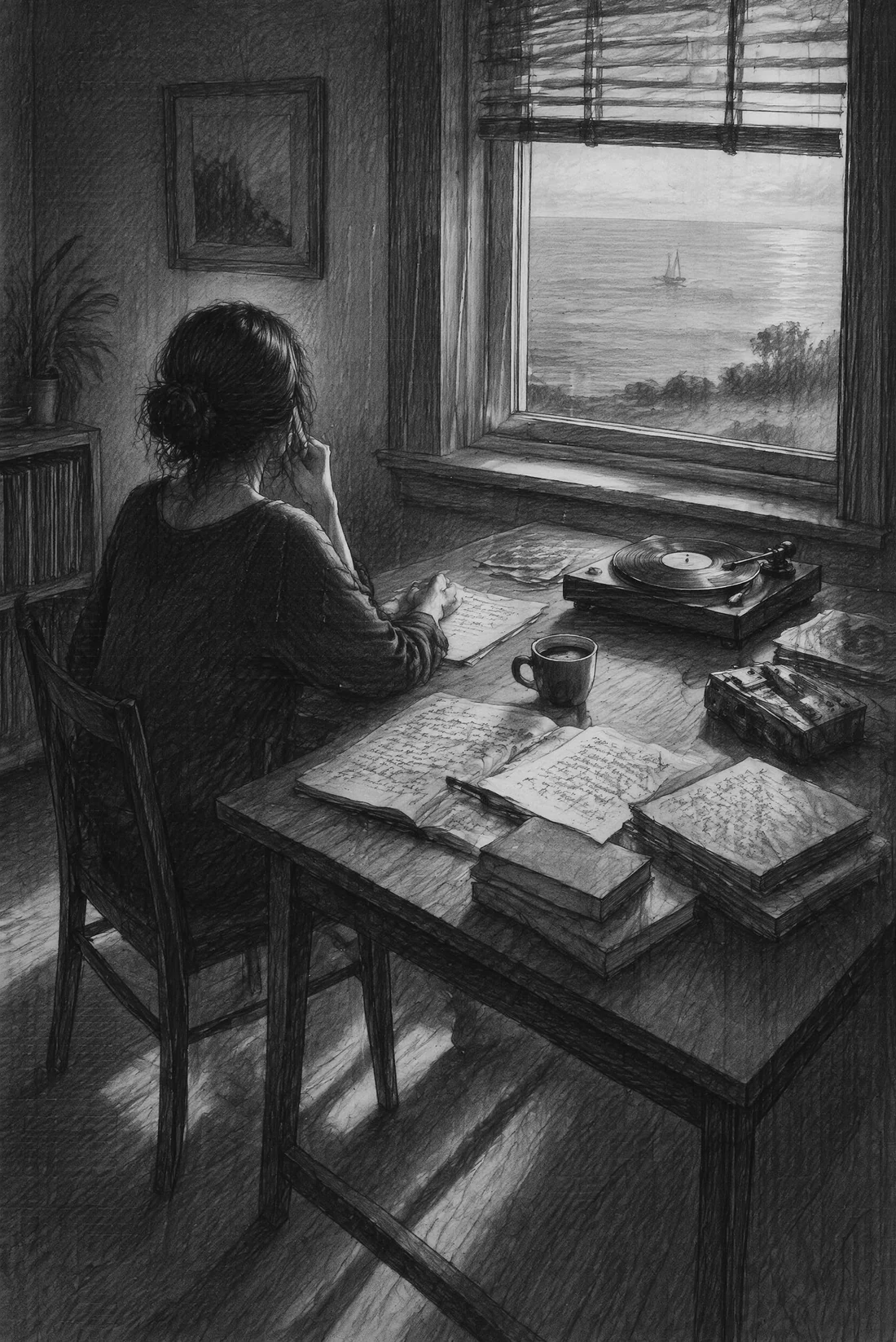 Recreación artística en grafito de un despacho literario genérico con manuscritos, libros, vinilos, grabadora y café; no representa el lugar de trabajo real de la autora.