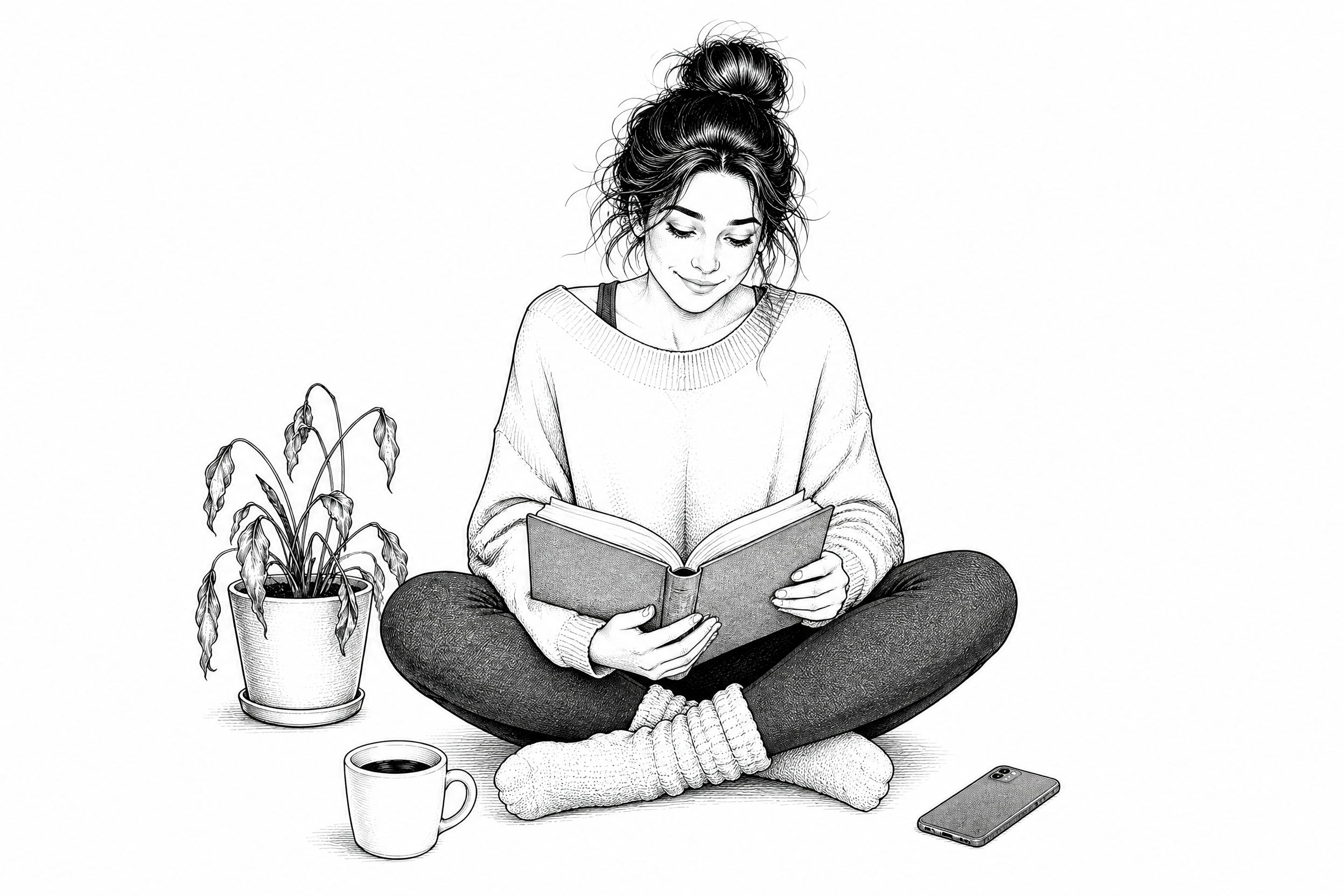 Mujer leyendo sentada en el suelo, con moño despeinado, jersey oversize, planta marchita y taza de café