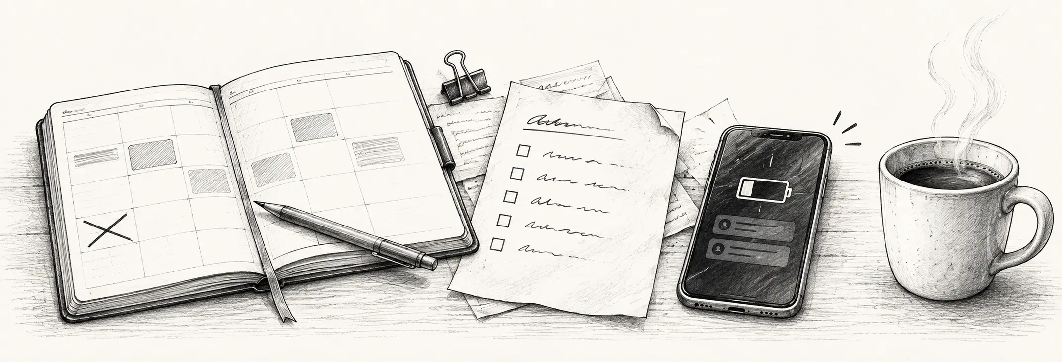 Ilustración en grafito de una agenda abierta, una lista de tareas, un móvil con poca batería y una taza de café.