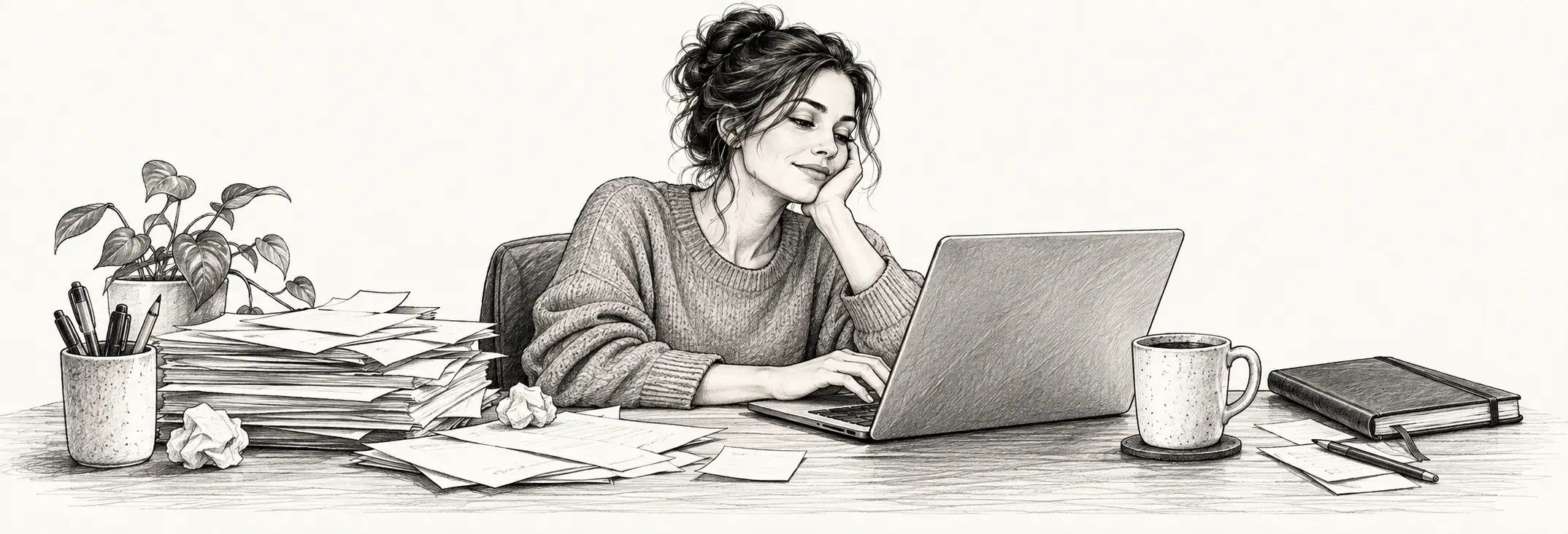 Ilustración en grafito: una mujer ante el portátil y los papeles de su escritorio.