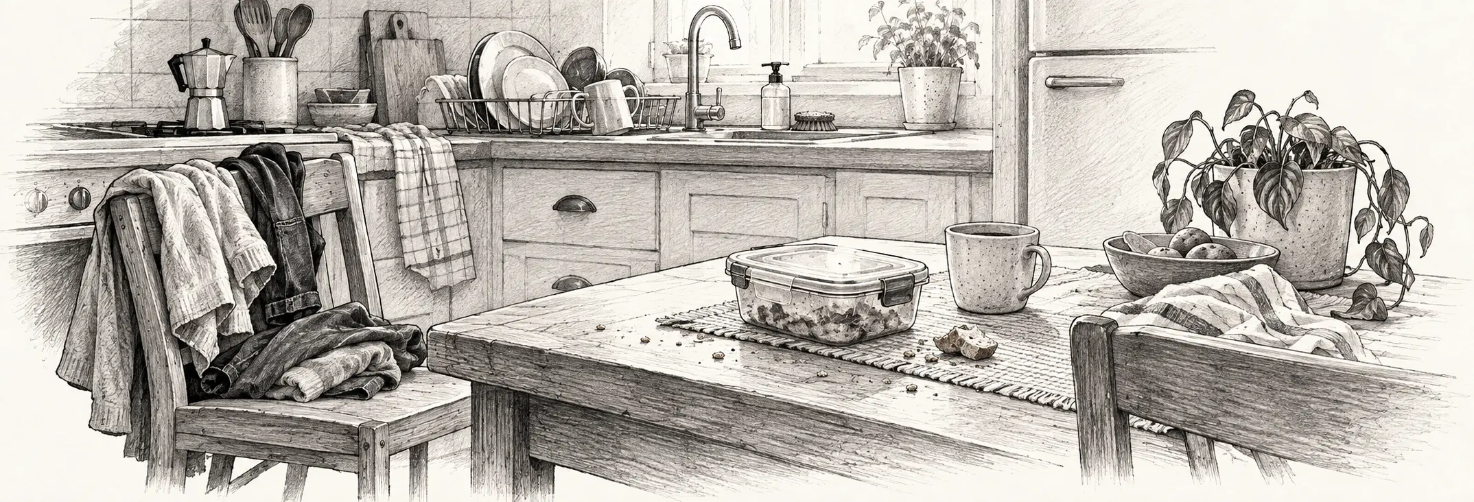 Ilustración en grafito: Una cocina vivida, con ropa sobre una silla, un táper y una planta.