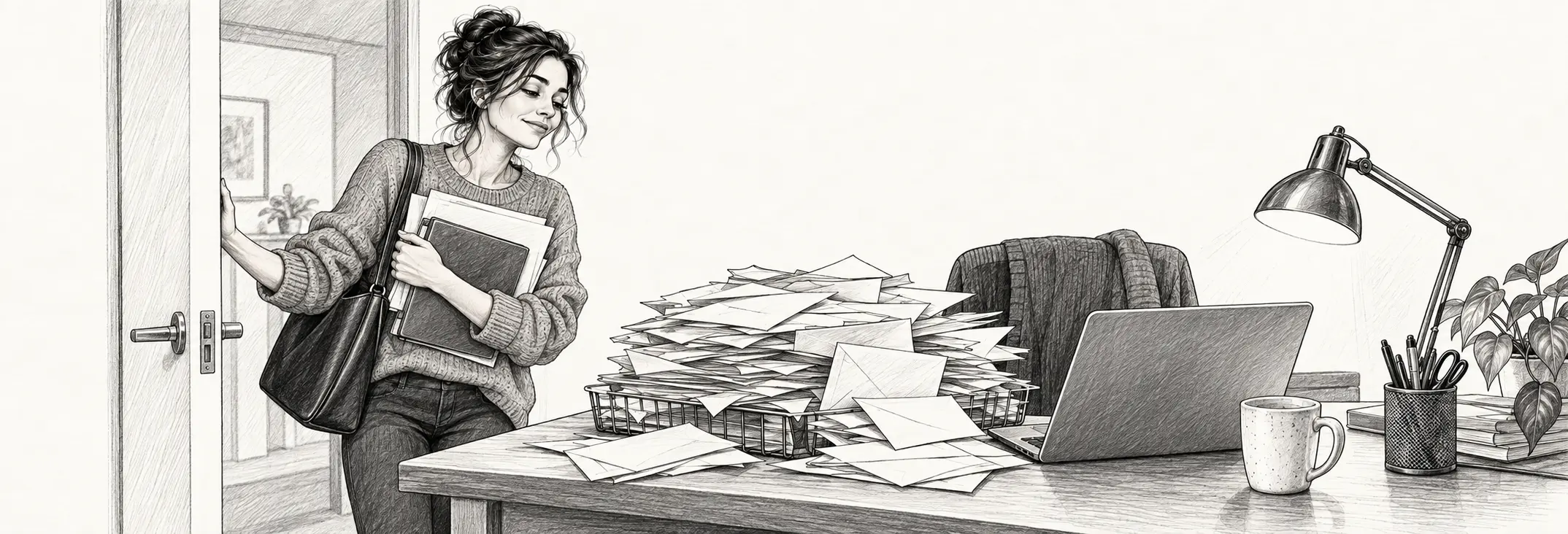 Ilustración en grafito: Una mujer ante una mesa de trabajo con correspondencia y tareas acumuladas.