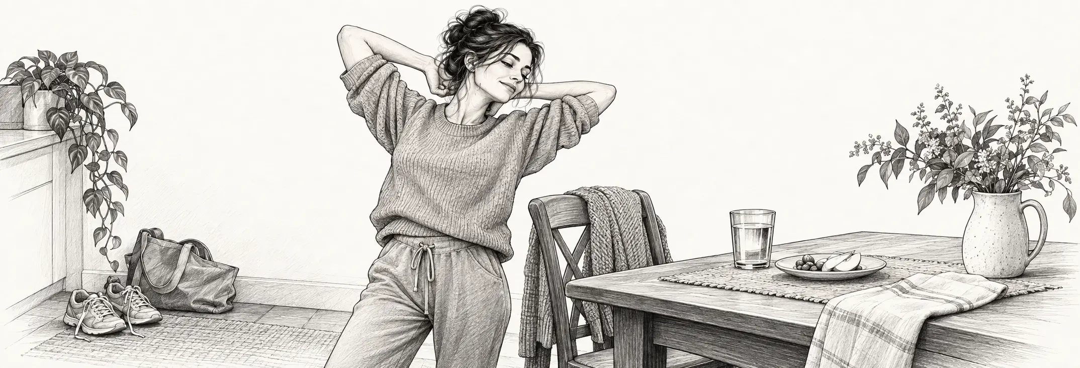 Ilustración en grafito: Una mujer haciendo una pausa para estirar junto a una silla y un vaso de agua.