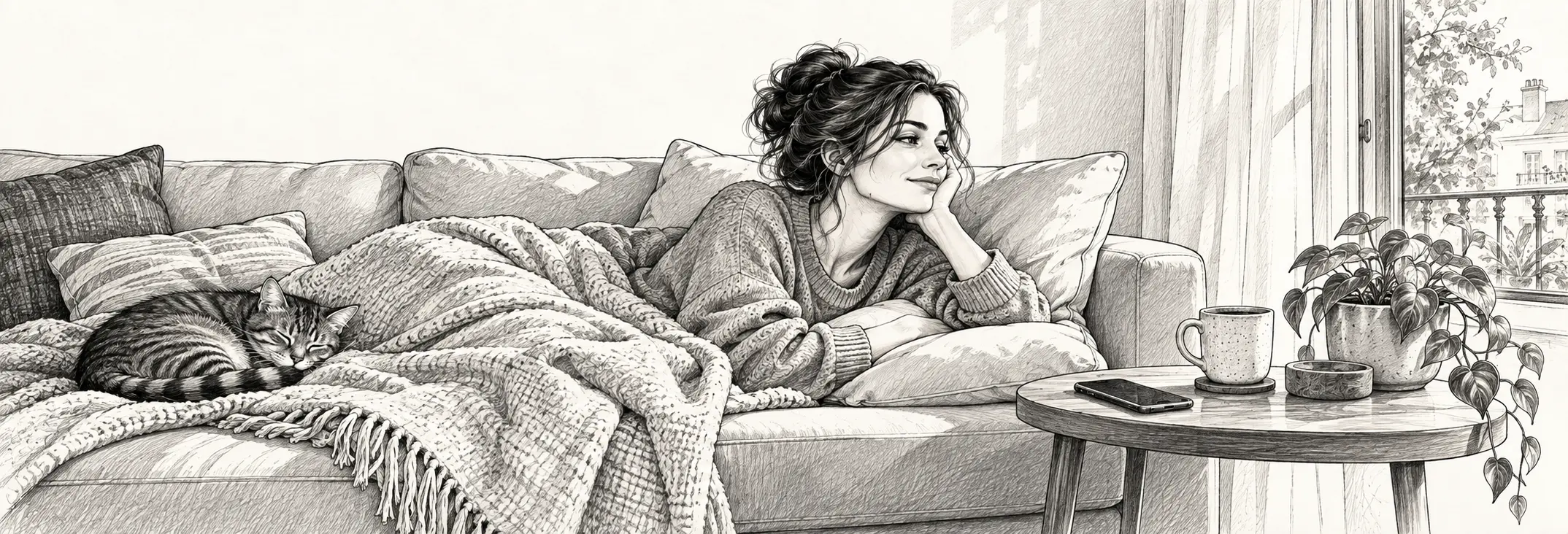 Ilustración en grafito: Una mujer descansando bajo una manta, con el móvil boca abajo.