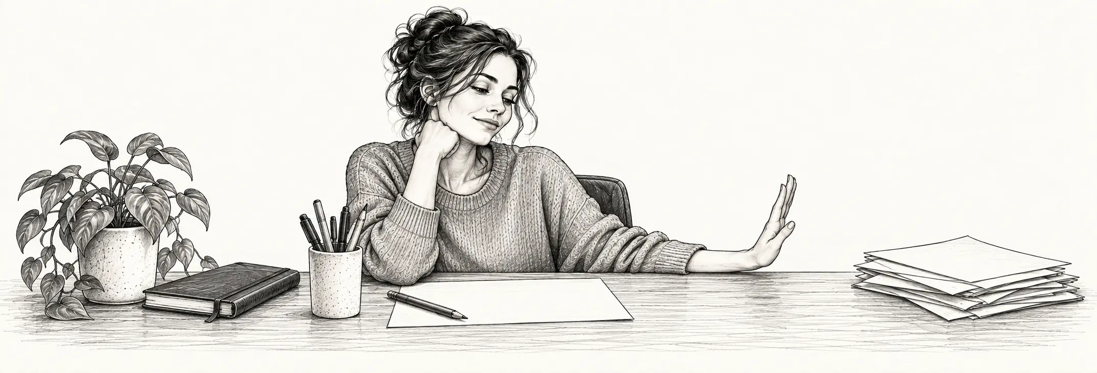 Ilustración en grafito: Una mujer marcando una pausa ante una pila de peticiones, con espacio despejado.