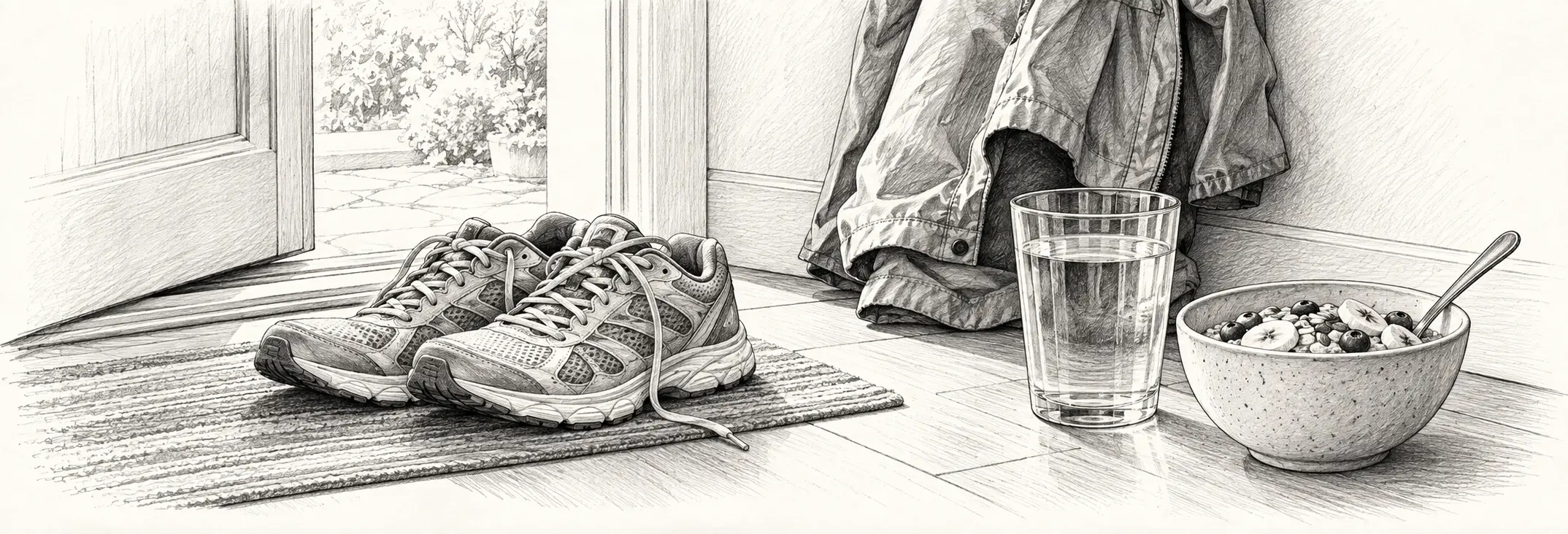 Ilustración en grafito: Zapatillas para caminar, agua y un desayuno sencillo junto a una puerta.