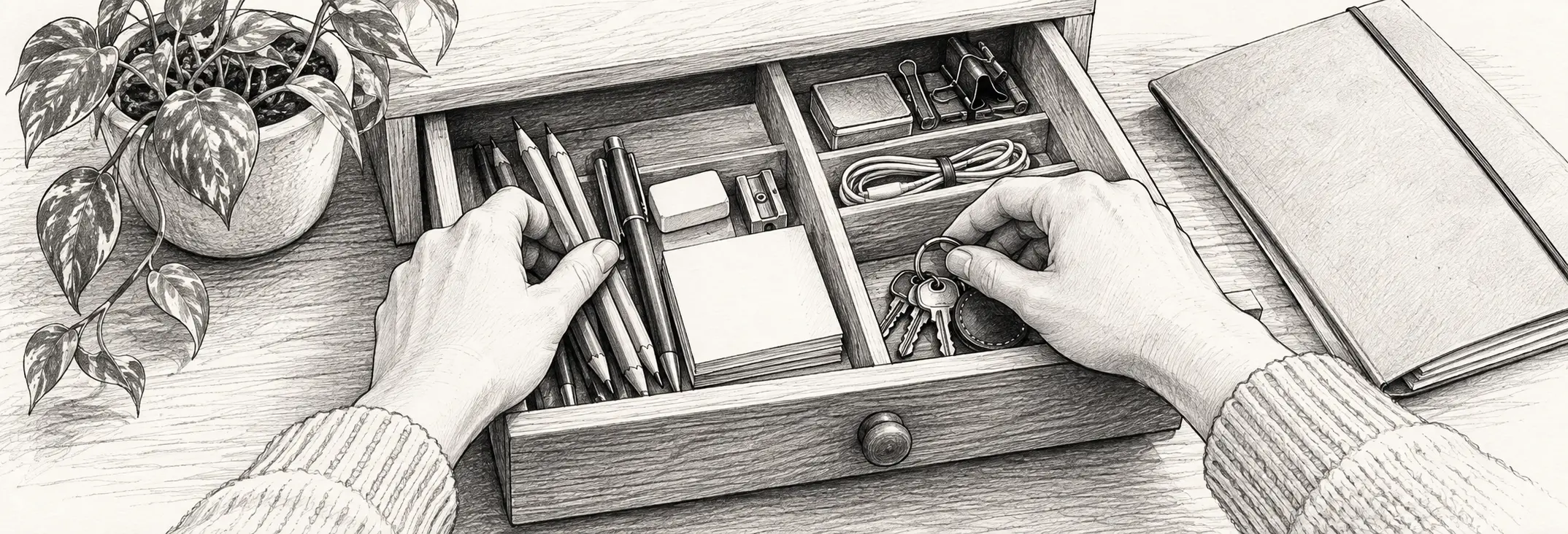 Ilustración en grafito: Unas manos ordenando un cajón pequeño, con llaves, lápices y una planta.