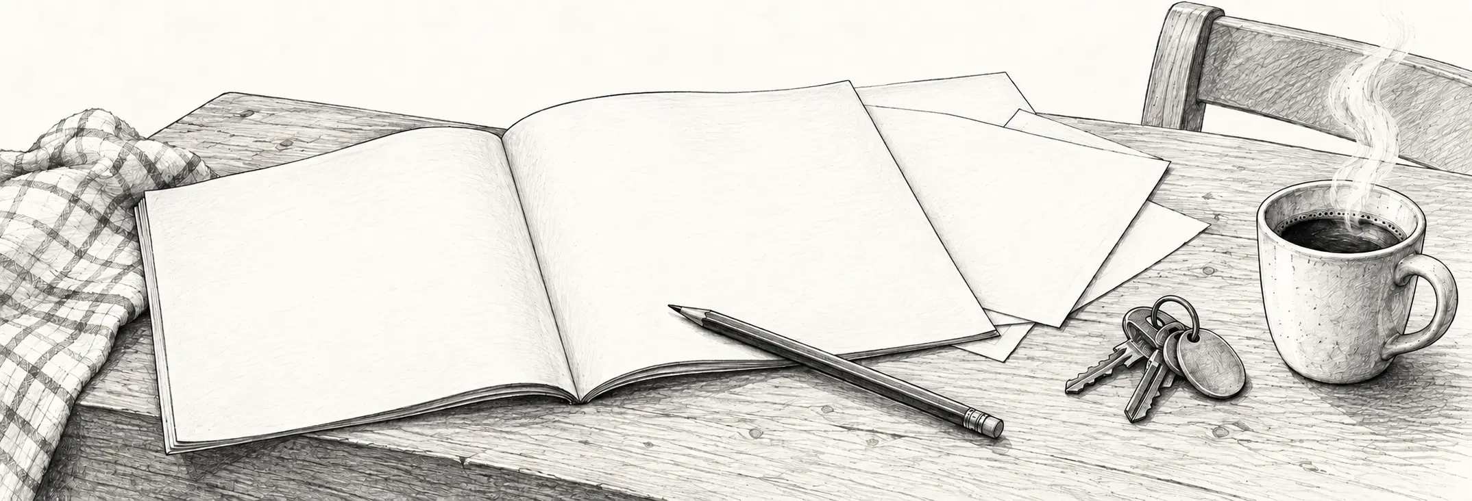 Ilustración en grafito: un manual abierto con todas las páginas en blanco, un lápiz, llaves y una taza.