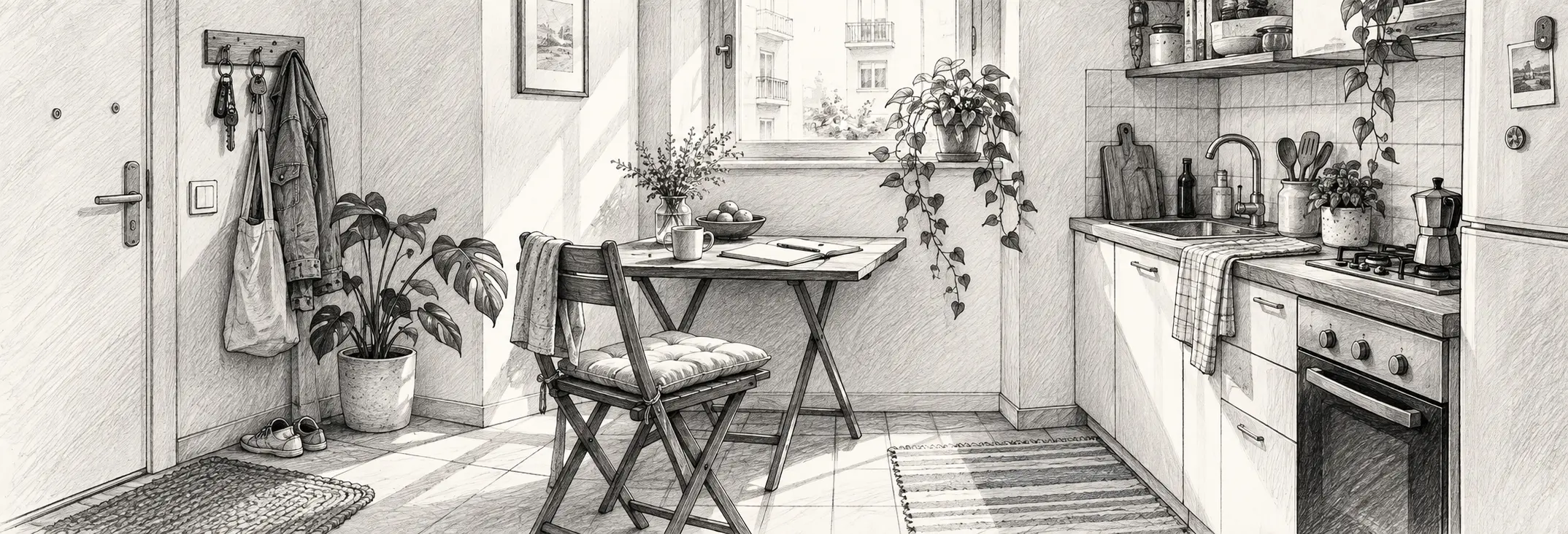 Ilustración en grafito: Un piso pequeño y habitable, con mesa plegable, llaves y una planta.