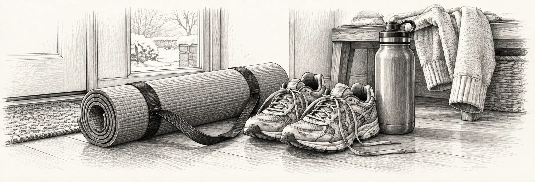 Ilustración en grafito: Una esterilla enrollada, zapatillas y una botella de agua junto a la entrada.