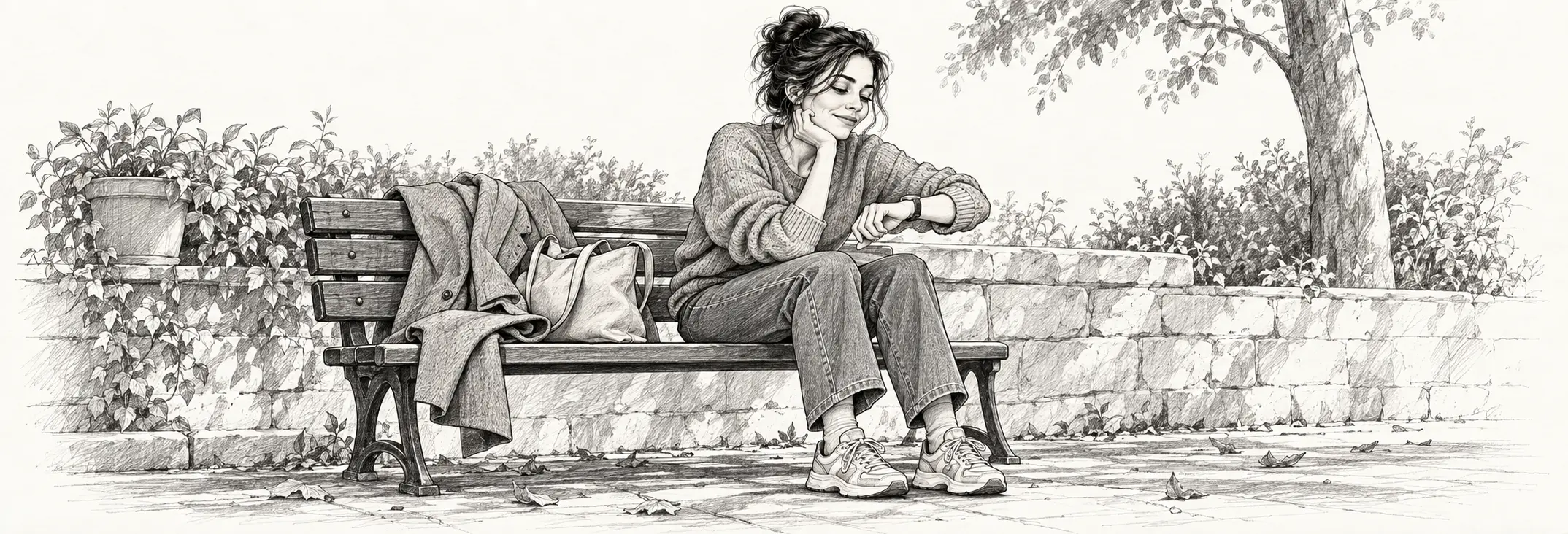 Ilustración en grafito: Una mujer haciendo una pausa en un banco, con abrigo y bolso a su lado.