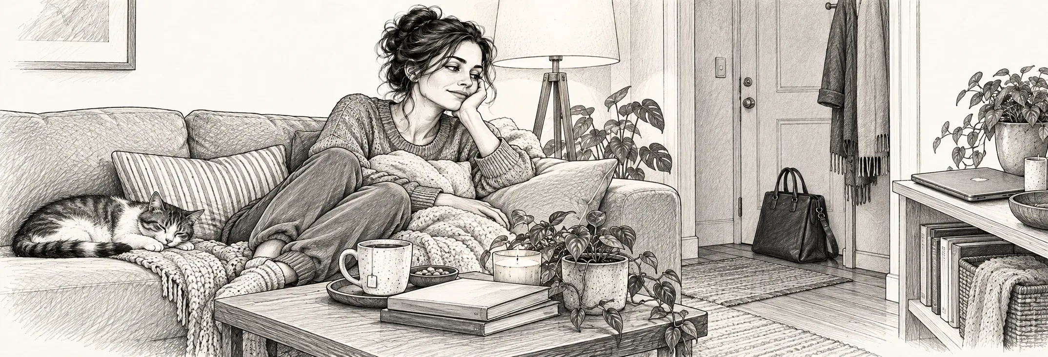 Ilustración en grafito: Una mujer en el sofá al atardecer, con la bolsa de trabajo esperando junto a la puerta.