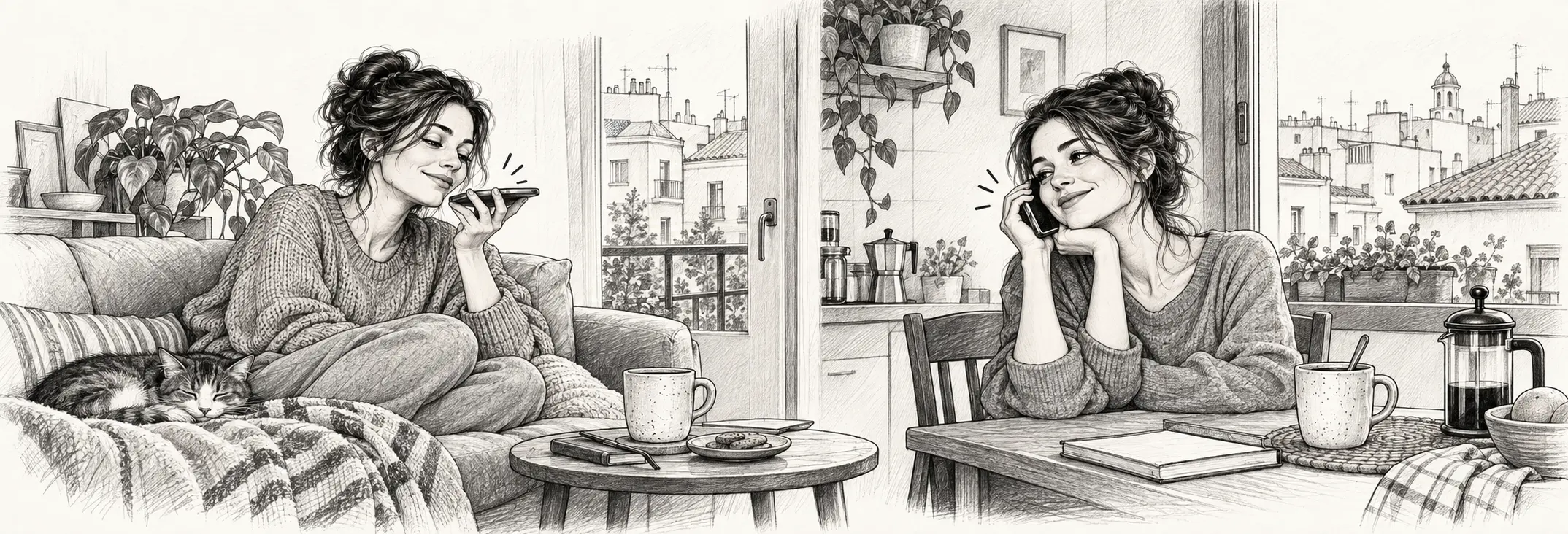 Ilustración en grafito: Dos amigas en casas distintas compartiendo mensajes de voz.