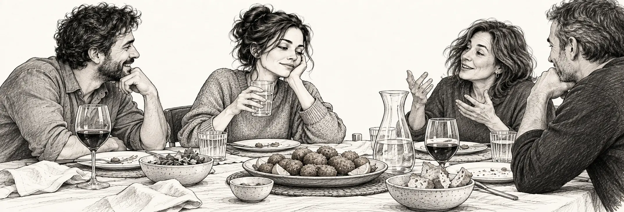 Ilustración en grafito: Una sobremesa familiar con croquetas y una mujer que se toma una pausa.
