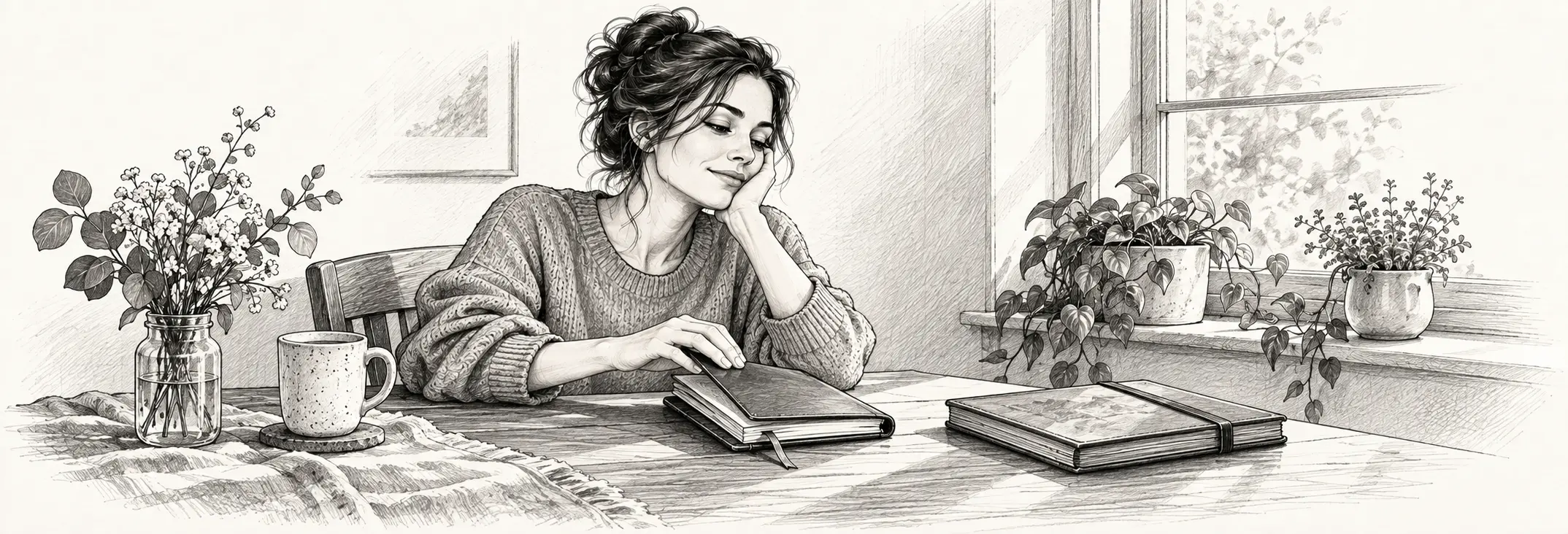 Ilustración en grafito: Una mujer cerrando un cuaderno antiguo junto a una ventana.