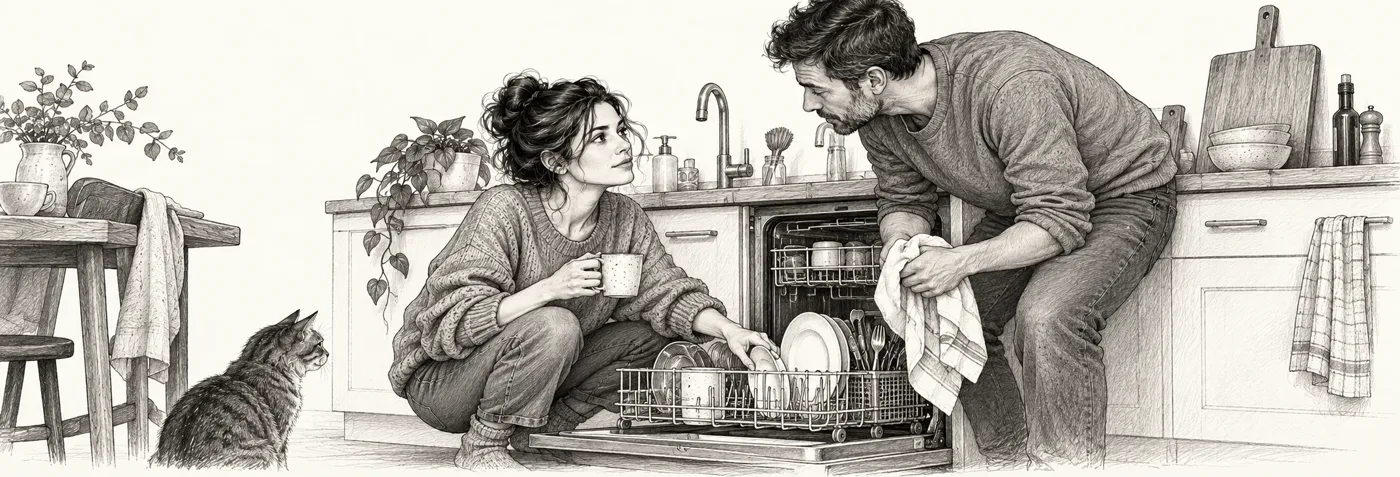 La discusión que empieza por el lavavajillas — ilustración en grafito