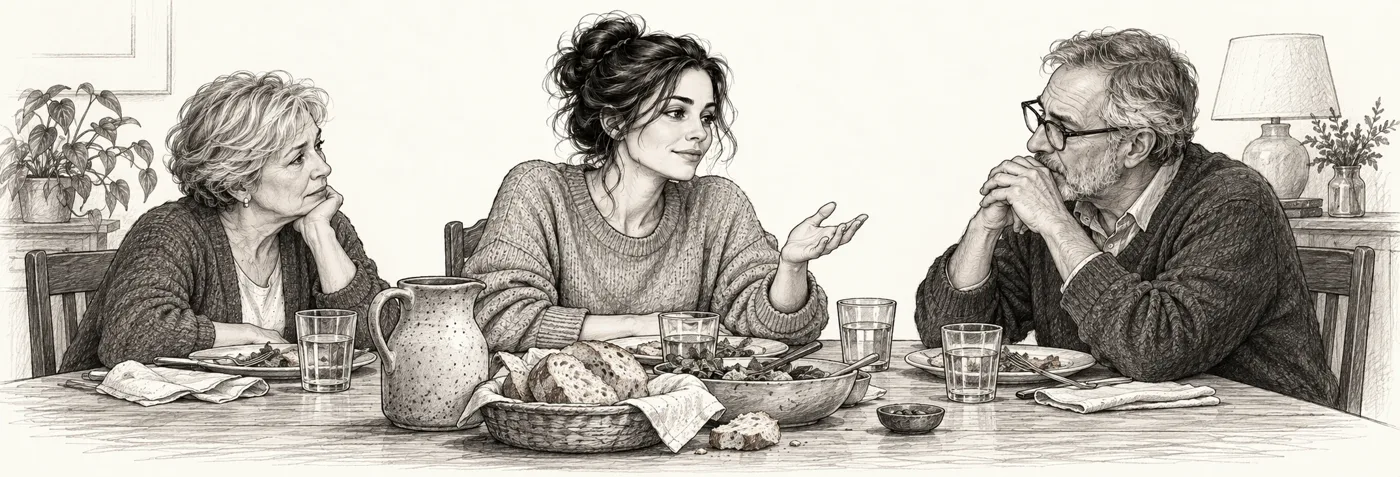 La familia y sus actualizaciones pendientes — ilustración en grafito